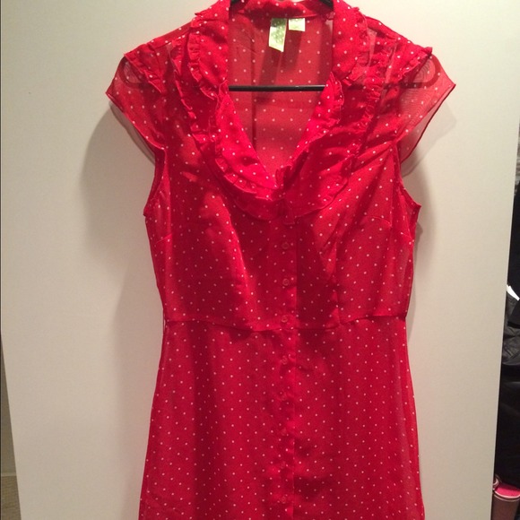Red polka dot chiffon shirt dress