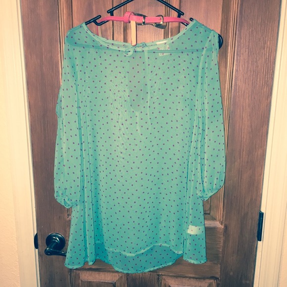 Sheer mint/pink peek-a-boo shoulder dressy shirt