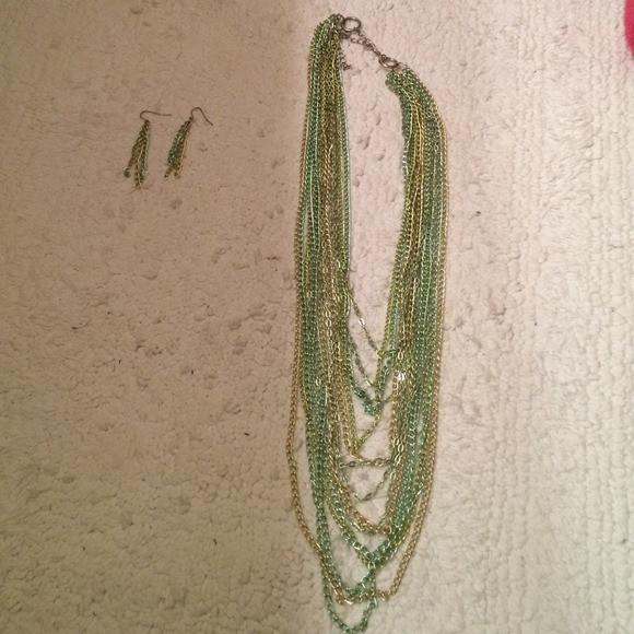 green and yellow chain necklace and earrings