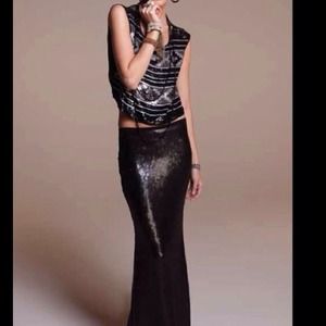 CHAN LUU Black Sequined Long Maxi Skirt NEW