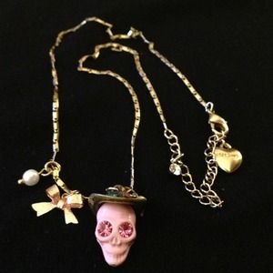 Betsey Johnson Pink Skull with Hat Necklace