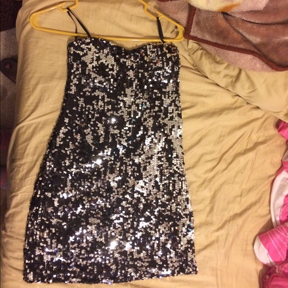 Silver and Black Sequin Strapless Mini-Dress