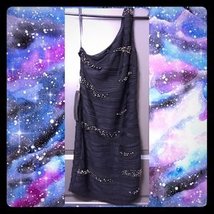 BEBE Black Crystal PLTD One Shoulder Dress