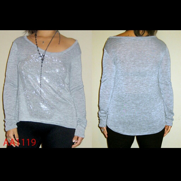 Long sleeve dark grey shirt with jeweled skull