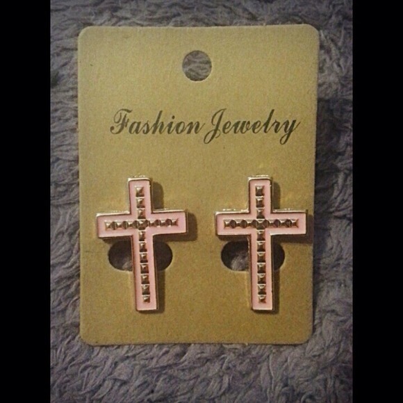 Light Pink Studded Cross Earrings