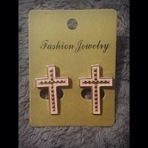 Light Pink Studded Cross Earrings
