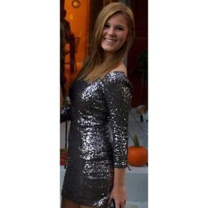 Dark grey sequin 3/4 sleeve Homecoming/Party dress