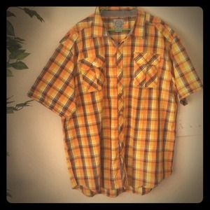 Mens Orange Plaid Button-Up