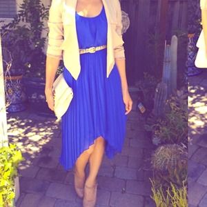 Blue pleated hi lo dress