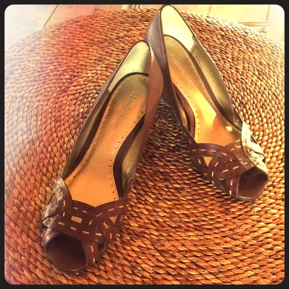Brown Woven Leather Peep-toe Wedges - Picture 1 of 3