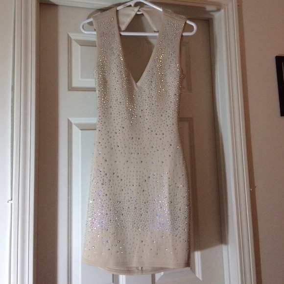 Nude, rhinestone open back Dress