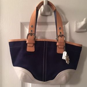 Small Coach Navy Canvas White Leather Trim Purse