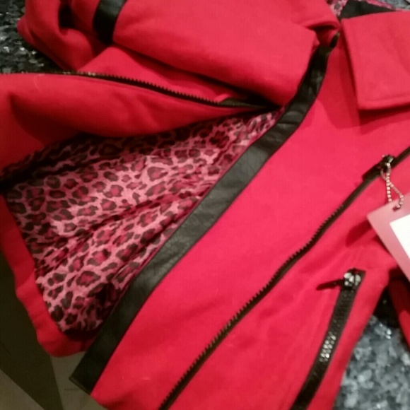 Red coat leather & pink leopard detail sz M NWT - Picture 2 of 4