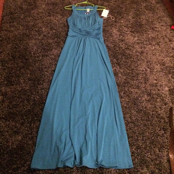 Long blue high collar prom dress