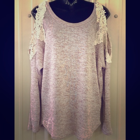 Oatmeal colored lace open sleeve sweater