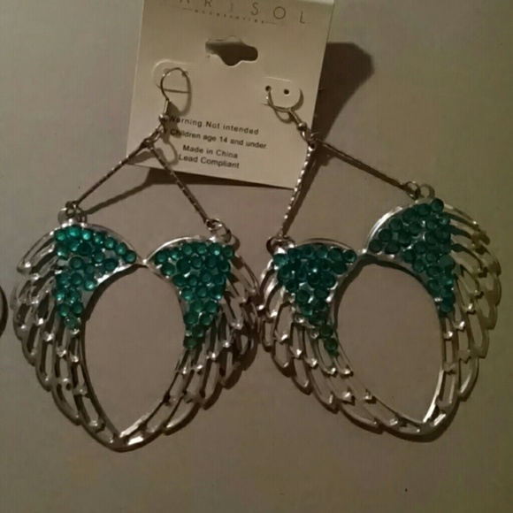 Teal wing rhinestone earings