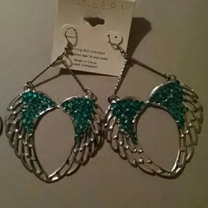 Teal wing rhinestone earings