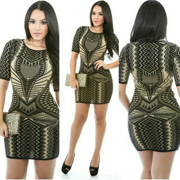 cali glam boutique Dresses & Skirts - Black and gold Aztec Bodycon dress