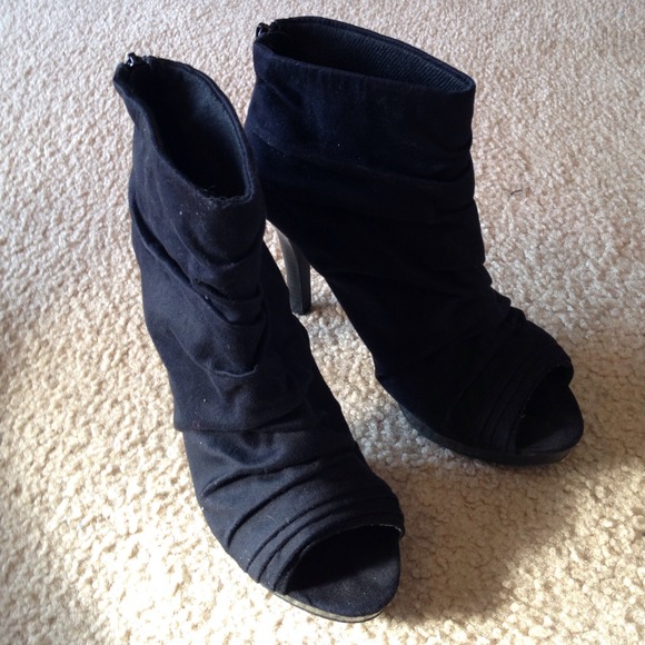 Black suede peep toe booties