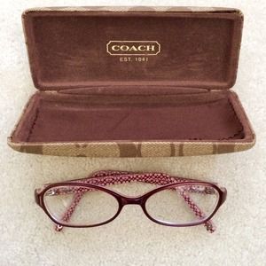 Prescription burgundy Coach glasses with case