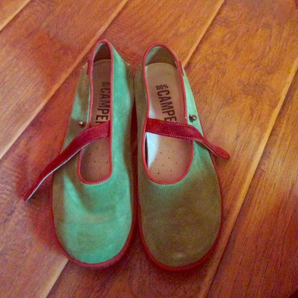 Worn Green and Red Camper Loafers