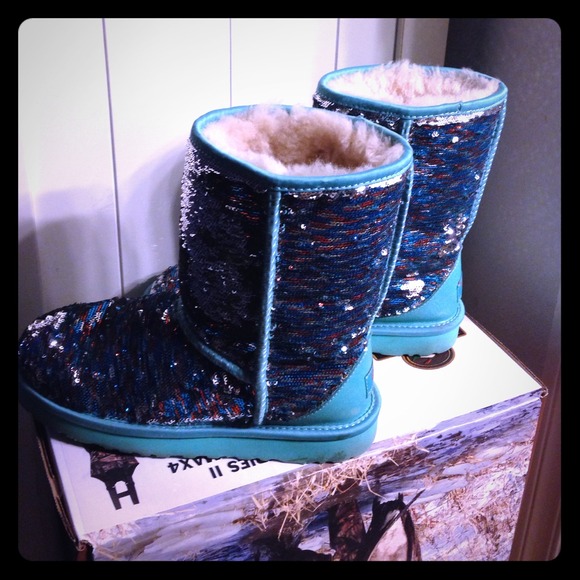 Mint sparkly, sequin uggs. Silver, red, and blue