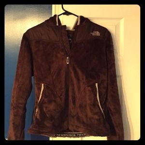 North Face fuzzy brown jacket with hood.