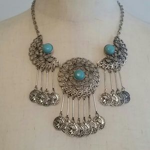 Silver and turquoise coin necklace