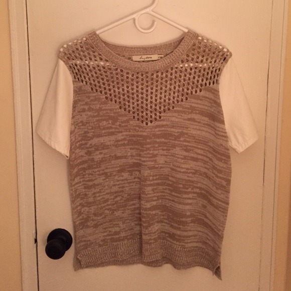 Cream/tan, short sleeve, leather trim sweater - Picture 1 of 3