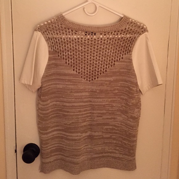 Cream/tan, short sleeve, leather trim sweater - Picture 2 of 3