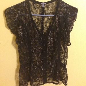 Black and gold lace button down v-neck