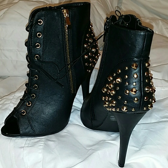 Black Leather Peep-Toe Booties - Picture 2 of 3