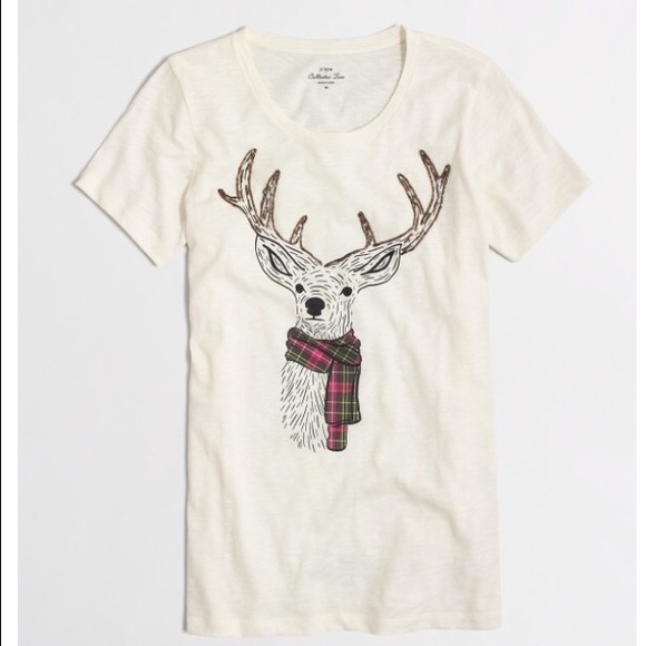 ❄️J Crew Beaded Deer with Plaid Scarf Tee❄️