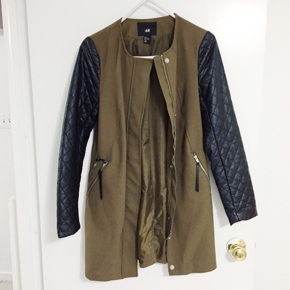 H&M Olive Military coat with quiltedleather sleeve