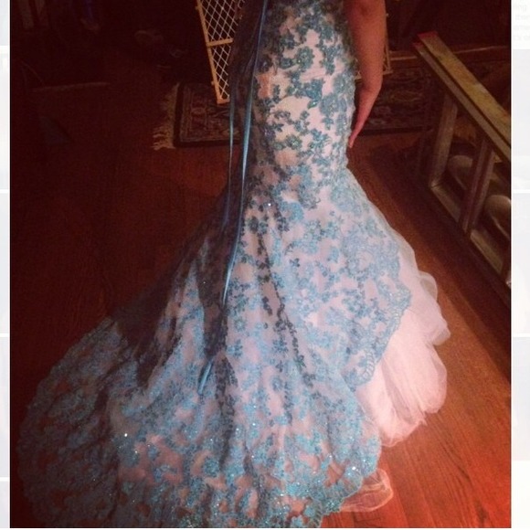 PRICE DROP!! Turquoise and white lace prom dress! - Picture 2 of 3