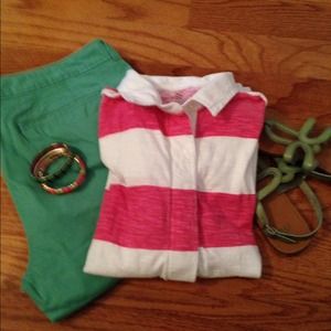 GAP pink & white stripe elbow sleeve polo top