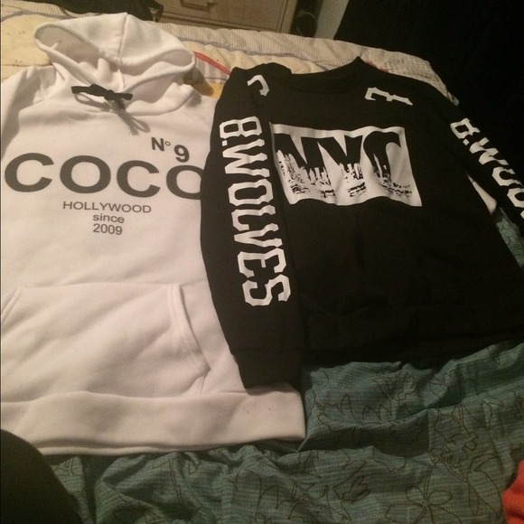 White coco hoodie, black NY crewneck.