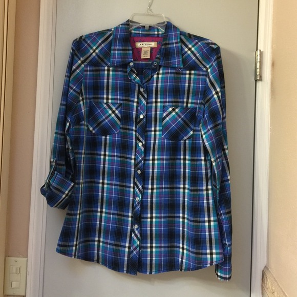 Bright blue plaid snap closure long sleeve shirt.