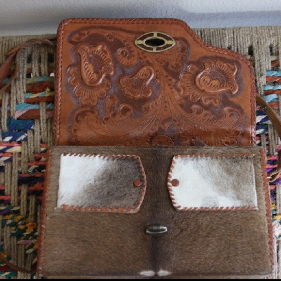 Tooled leather and deer fur reversible bag- RARE
