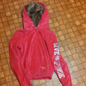 Fur hooded pink zip up with rhinestones