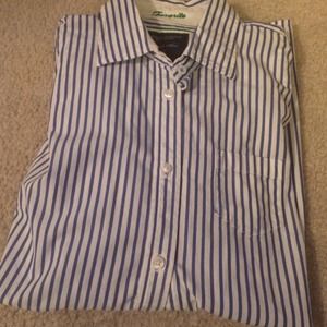Blue and white striped button up.