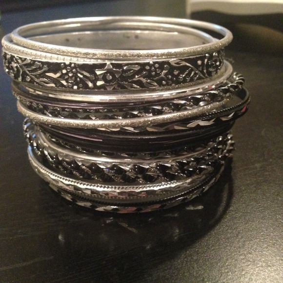 Bangle Bracelets Silver & Black Glitter