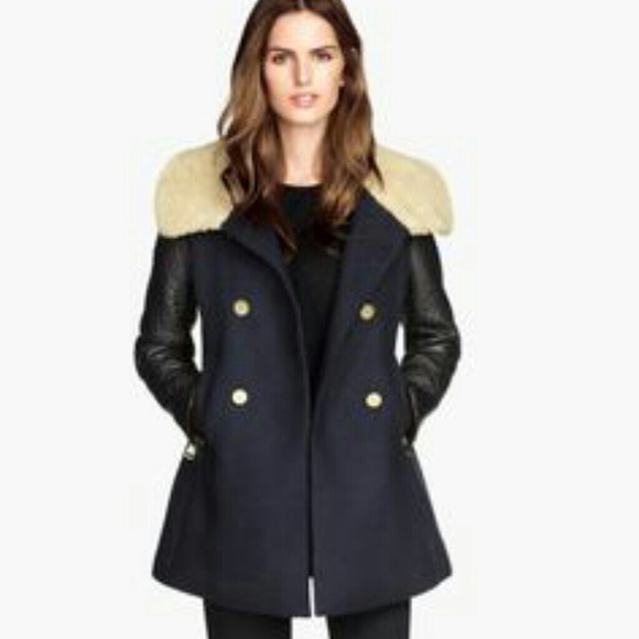 H&M Faux Shearling Collar Coat/Faux Leather Sleeve