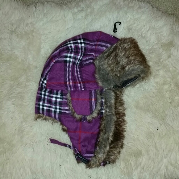 Purple plaid, faux fur flight hat. New!