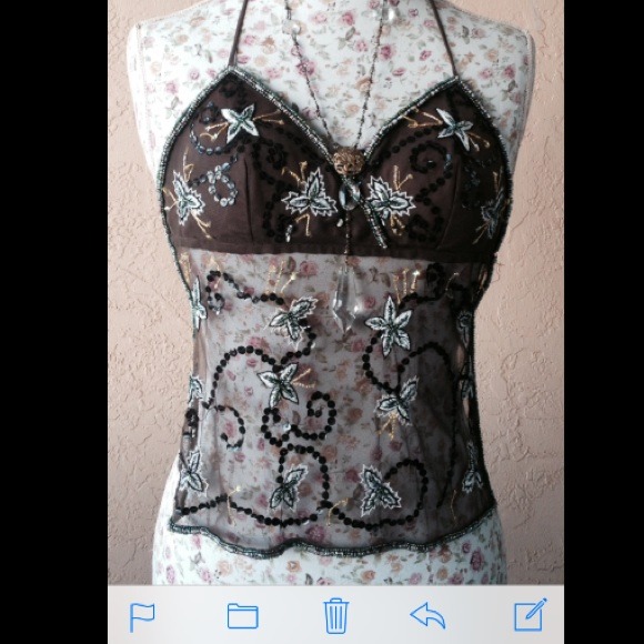 Brown beaded top sheer front backless