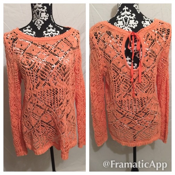 Knit sweater with bow tie neck peach/ coral - Picture 1 of 3