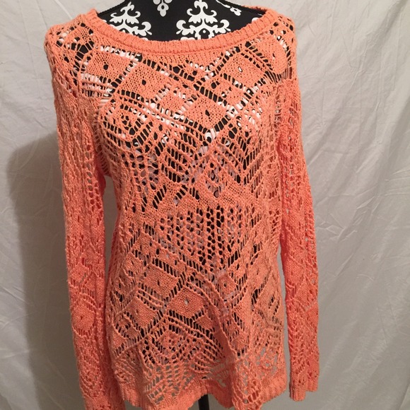 Knit sweater with bow tie neck peach/ coral - Picture 2 of 3