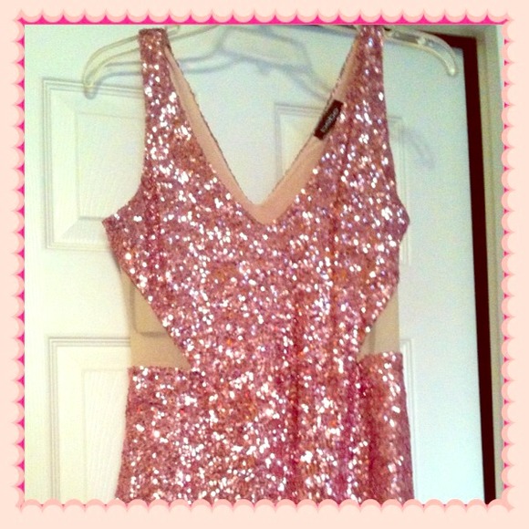 Bebe Rose Pink Sequin Mesh Cutout Dress-NWT