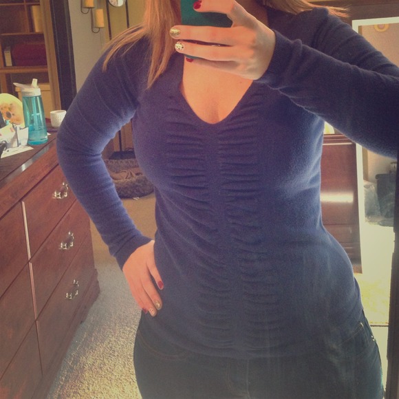 Express Royal Blue V-neck Ruched Sweater