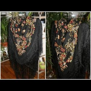 Vintage embroidered fringe shawl